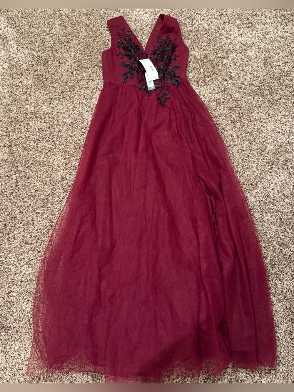 BCBG Burgundy Maxi Tulle Dress with Black Appliqué NWT